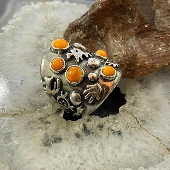 Carolyn Pollack Sterling Silver 5 Orange Spiny Oyster Petroglyph Ring For Women - Picture 3 of 10